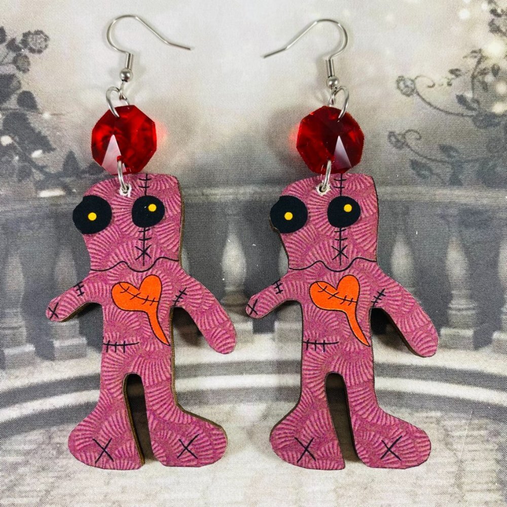 Adorable little pink VooDoo Doll OOAK earrings with red crystals